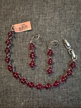 Silver Floral Ruby-Red Bracelet and Earrings Set